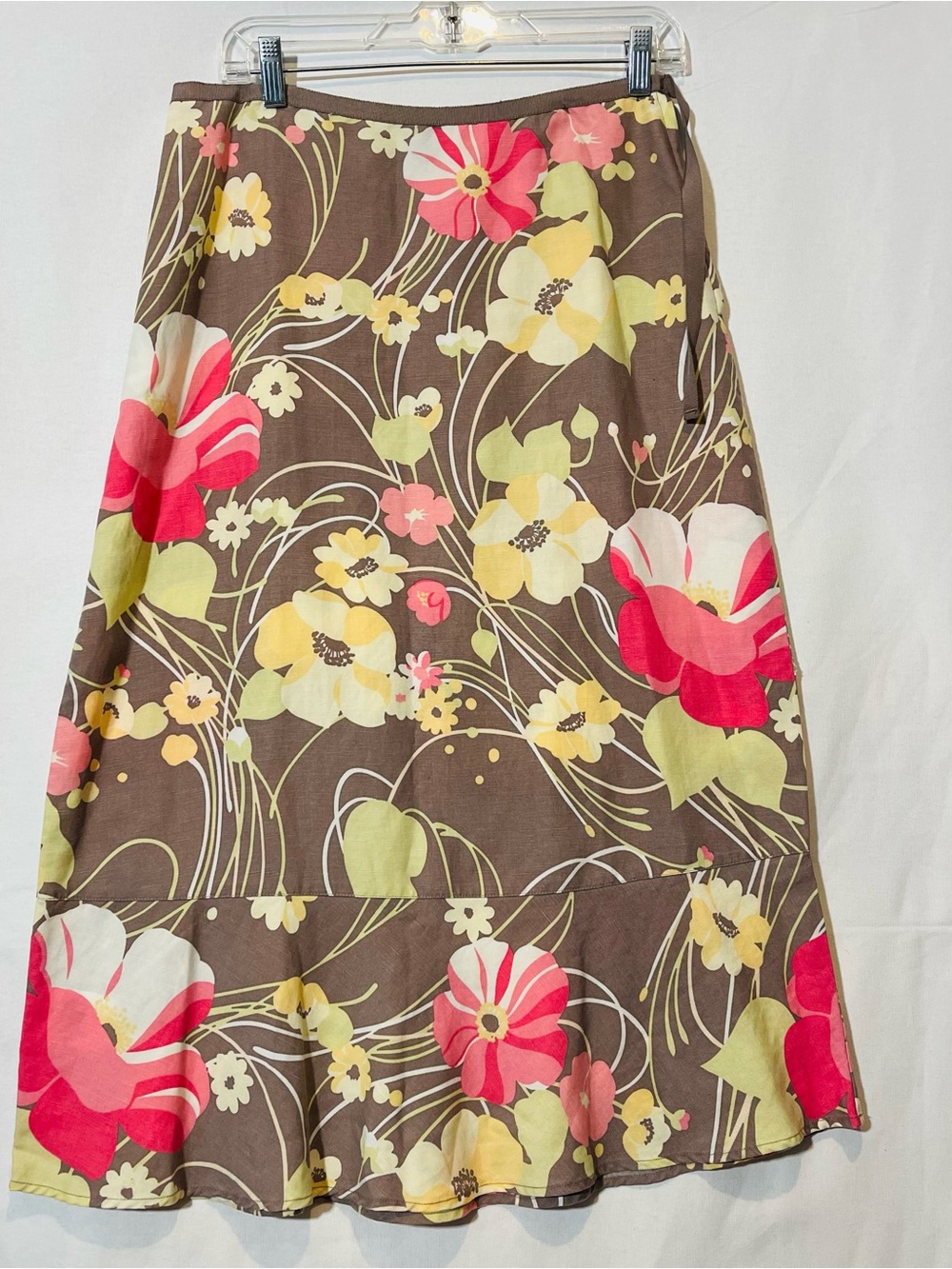 Vintage Eddie Bauer Brown Midi Skirt with Pink and Yellow Floral Accents Size 6